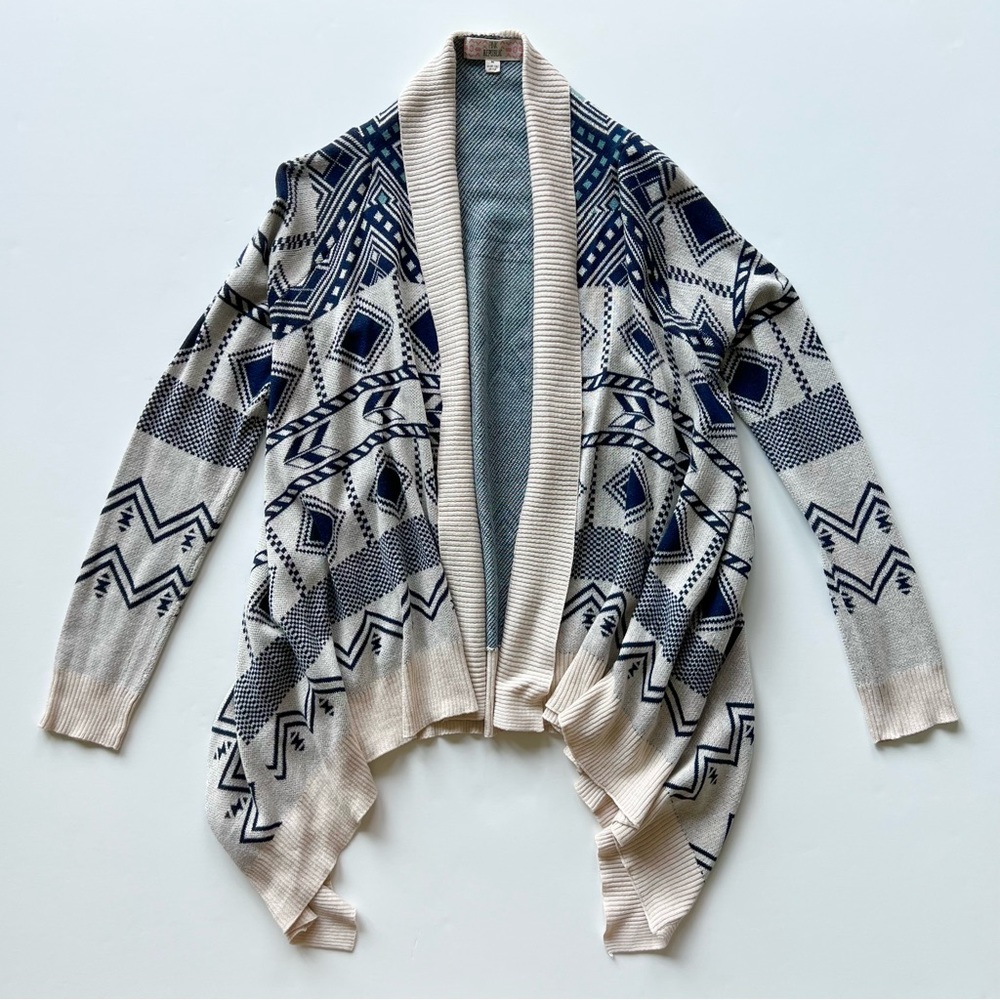 Pink Republic Navy Blue and Cream Aztec Tribal Open Front Cardigan, Medium